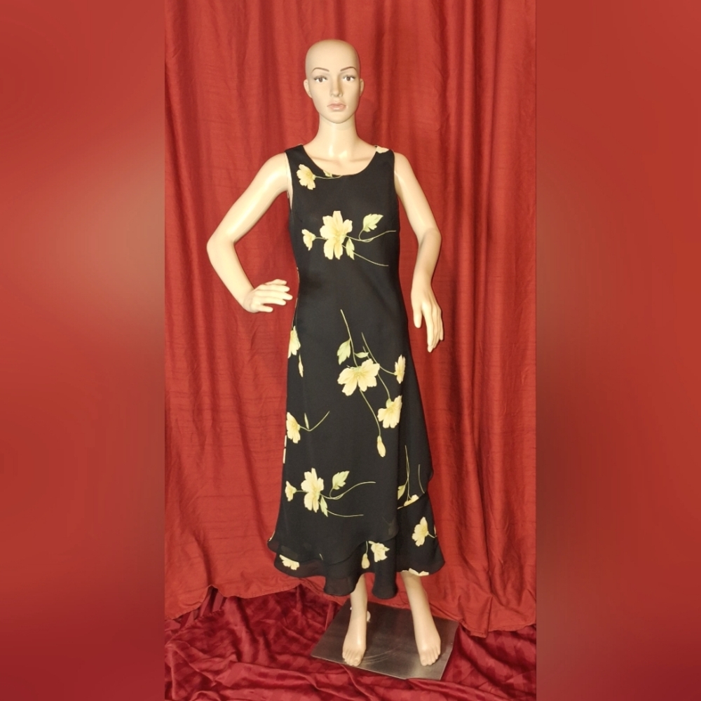 Studio I / black sleeveless midi dress with yellow flowers/ size 12